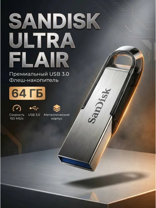 Sandisk Флешка Ultra Flair 64gb серебристо-черная